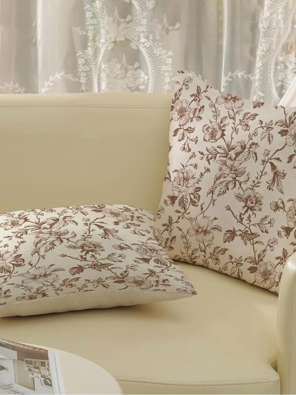 Floral Toile Decorative Throw Pillow Pair in Brown on Cream NWT